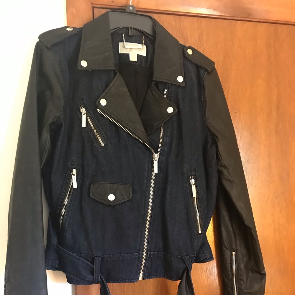 Michael kors denim and faux leather moto jacket